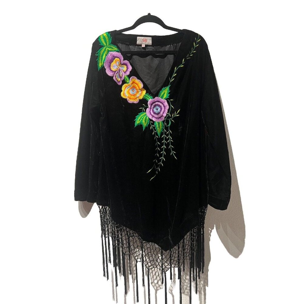 ROJA Western Women's Black Velvet Folk Art Embroidered‎ Tunic Size XXL Bohemian
